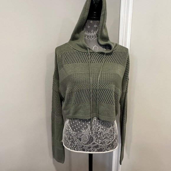 Garage M Olive Green Open Knitted Monochrome Striped Cropped Hoodie Pullover - Picture 12 of 15